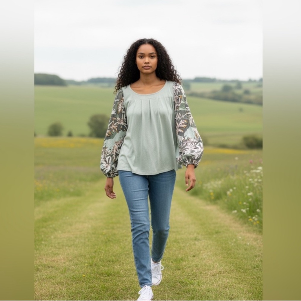 NWT | Free People | Picking Petals | Mixed Media Statement Sleeve | Sage | XS